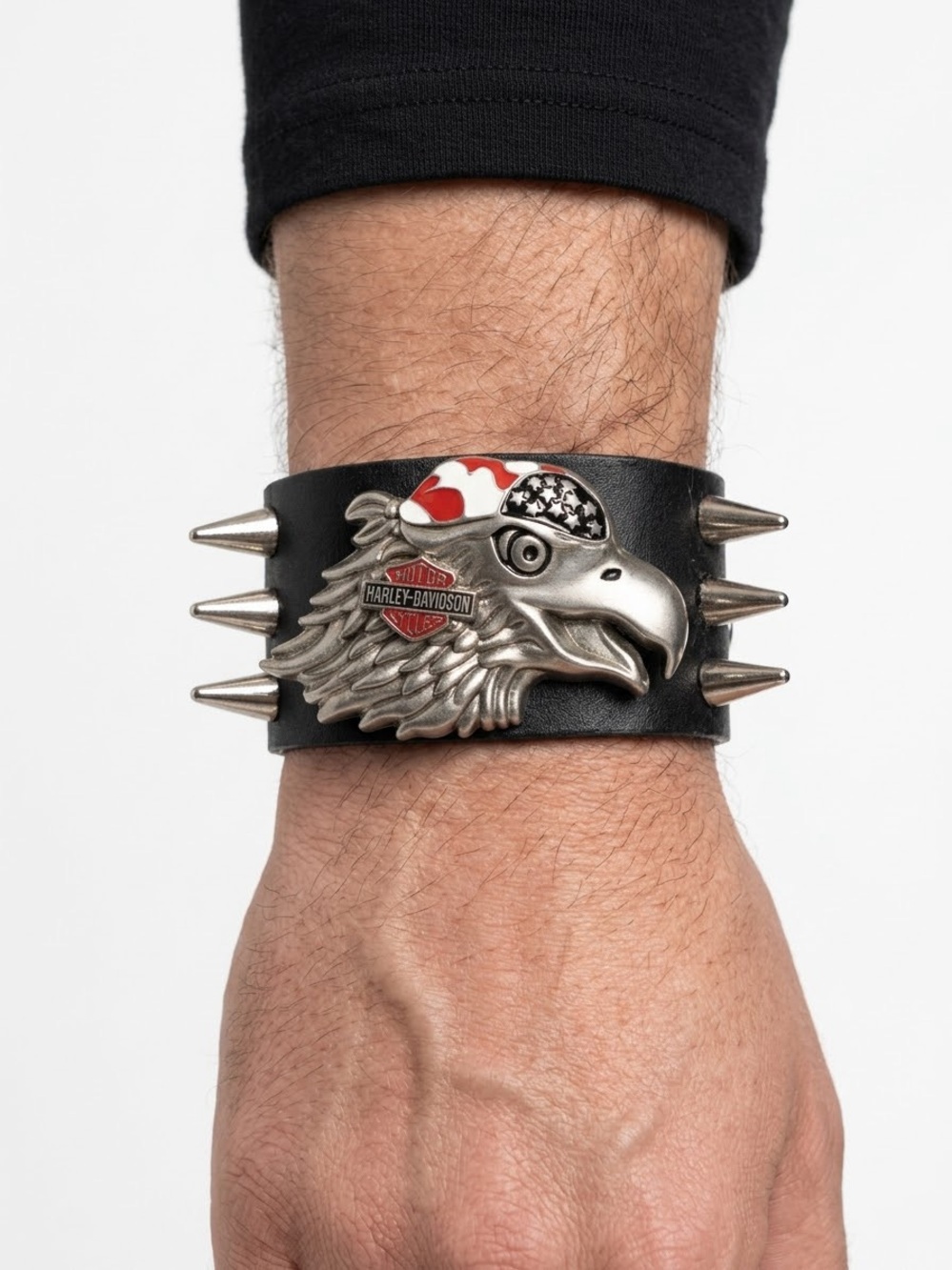 Harley-Davidson Black Leather Eagle Bracelet with American Flag Accent